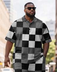 Men's Plus Size Business Black Checkerboard Print Short Sleeve Polo Shirt Shorts Suit