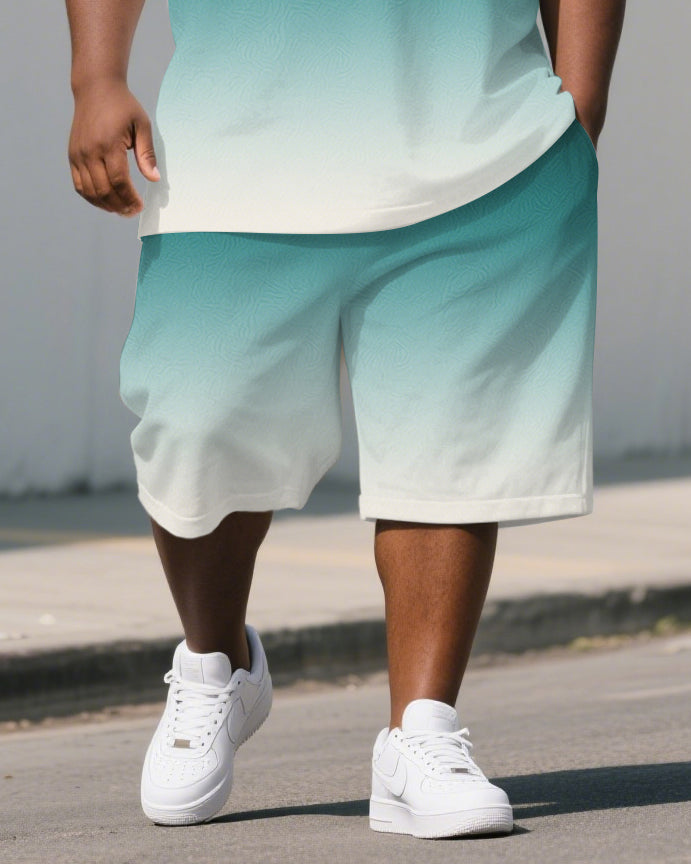 Big Men's Classic Green Gradient Short Sleeve Polo Shirt Shorts Sets