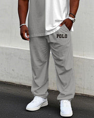 Men's Big & Tall Grey & White Casual Print Short Sleeve T-Shirt Trousers Set
