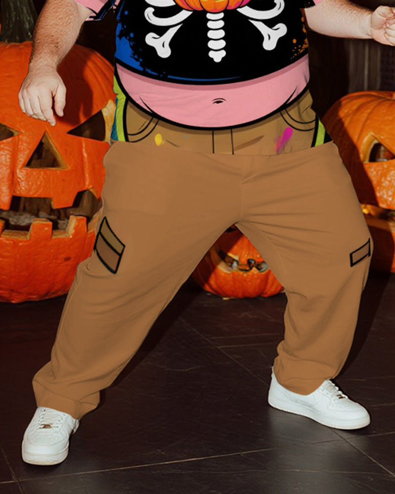 Big & Tall Men's Halloween Pumpkin Skull Belly Cosplay Printed T-Shirt Trousers Suit