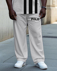 Big Men's Simple Sporty Black Stripe POLO Letter Printed Fashion Short Sleeve T-shirt Pants Set