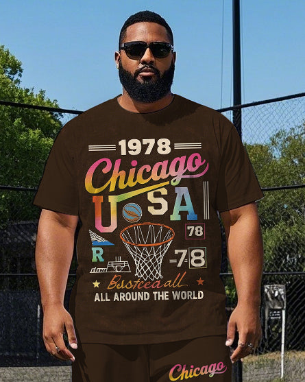 Big Men's Colorful Artistic Letter Chicago 1978 Ball Printed Short Sleeve T-shirt Pants Set