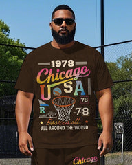 Big Men's Colorful Artistic Letter Chicago 1978 Ball Printed Short Sleeve T-shirt Pants Set