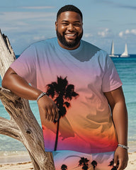 Men's Plus Size Hawaiian Gradient Sunset Coconut Tree Print Short-sleeved T-shirt Shorts Suit