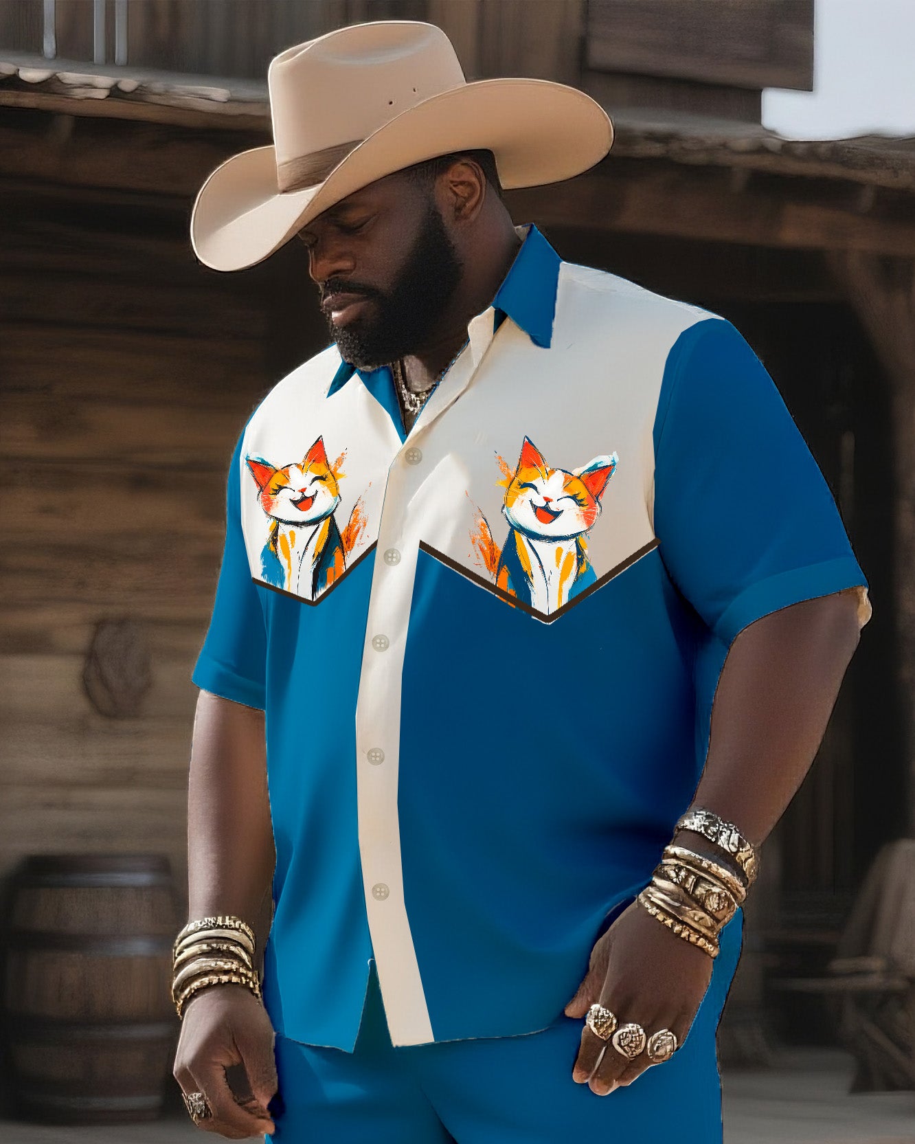 Big & Tall Men's Western Style Color Matching Casual Cute Cat Printing-short Sleeve Shirt Pants Suit