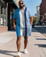 Men's Plus Size Business Blue Stripe Print Short Sleeve Polo Shirt Shorts Suit