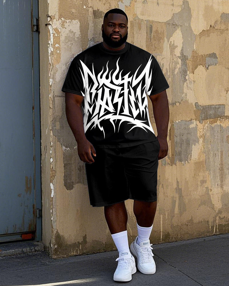 Big Men's Retro Geometric Pattern Printed Street Fashion Short Sleeve T-Shirt Shorts Set