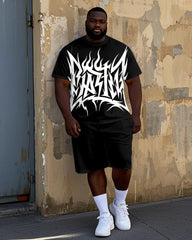 Big Men's Retro Geometric Pattern Printed Street Fashion Short Sleeve T-Shirt Shorts Set