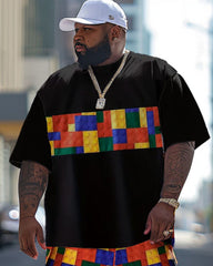 Men's Large Street Casual Building Blocks Patchwork Printed T-Shirt Trousers Suit