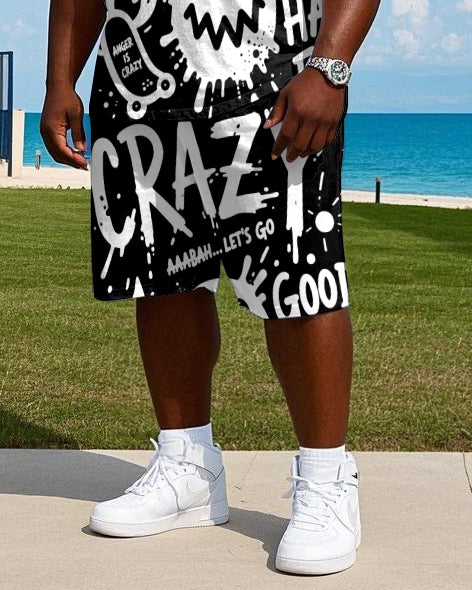 Big Men's Hip Hop Graffiti Letter Humor Face Printed Street Fashion Short Sleeve T-Shirt Shorts Set