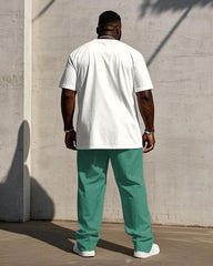 Men's Plus Size White & Blue Colorblock Printed Chest Short-sleeved T-shirt Trousers Suit