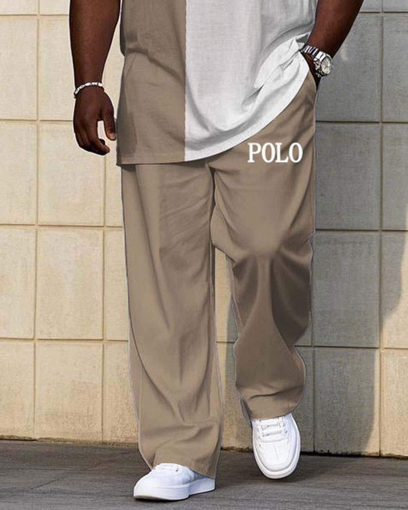 Men's Big & Tall Casual Khaki & White Colorblock Short-sleeved T-shirt Trousers Set