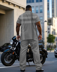 Men's Plus Size Gentleman Style Gray Jacquard Large Check Short Sleeve Shirt Trousers Suit