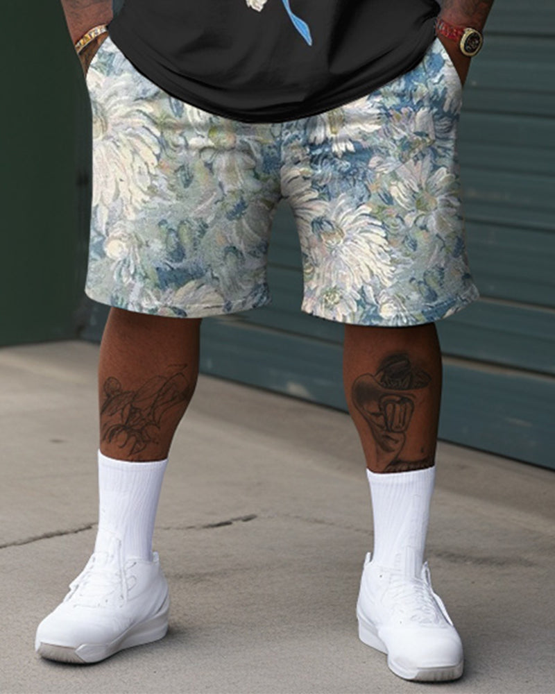 Men's Plus Size Casual Retro Chrysanthemum Flower Contrast Color Two-piece Set