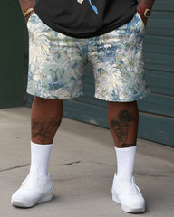 Men's Plus Size Casual Retro Chrysanthemum Flower Contrast Color Two-piece Set