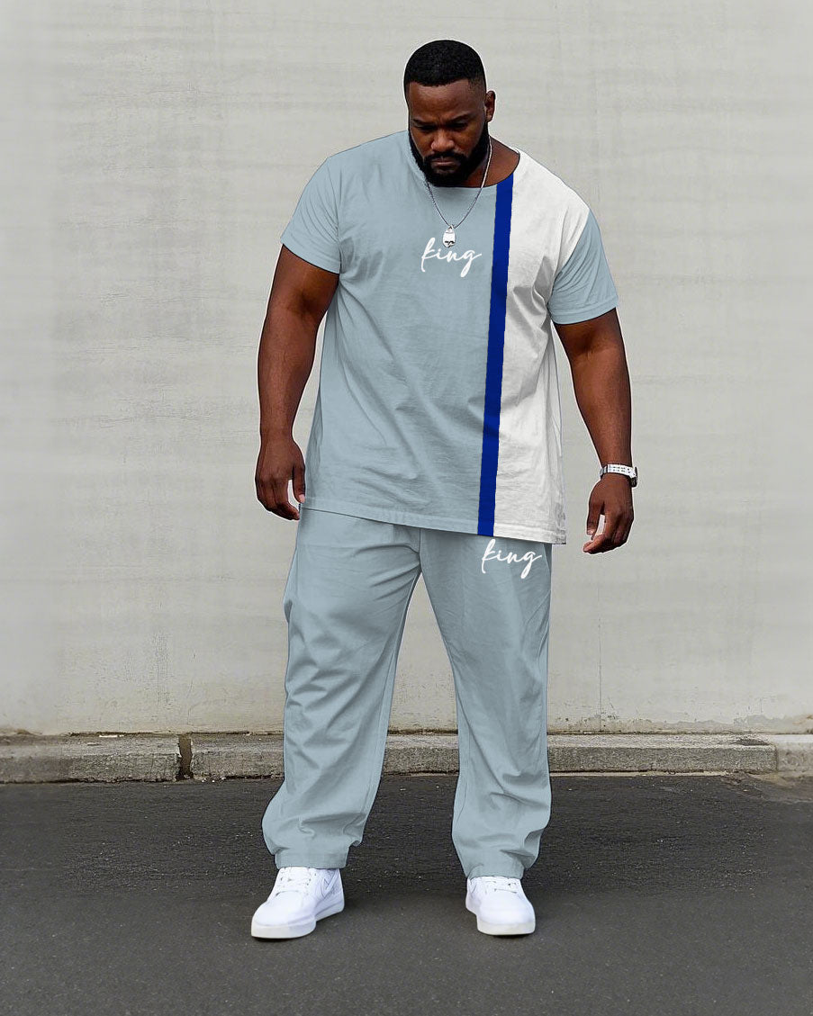 Men's Plus Size Green Card & White-Blue & White-Red-Pink Colorblock King Printed Short Sleeve T-Shirt Pants Suit
