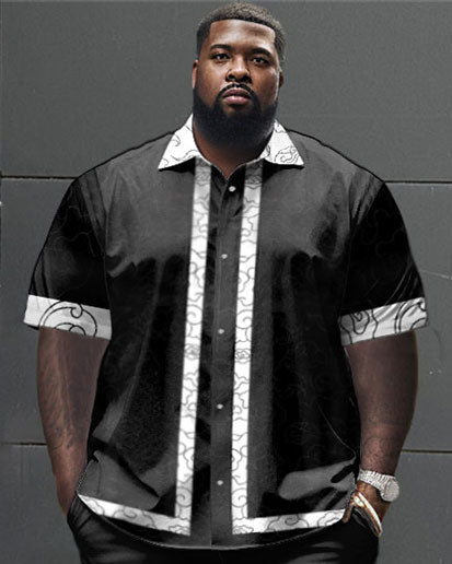 Men's Large Size Geometric Stitching Pattern Short Sleeve Shirt Set