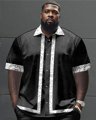 Men's Large Size Geometric Stitching Pattern Short Sleeve Shirt Set