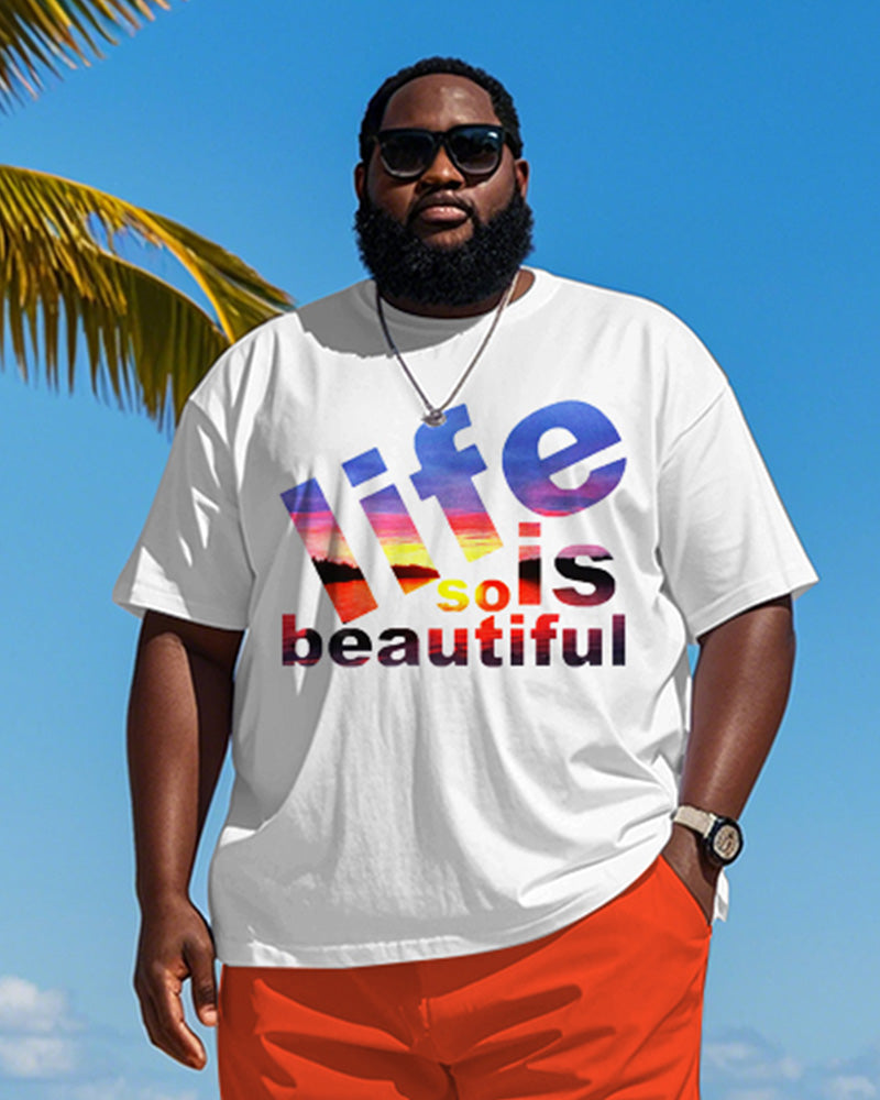 Men's Plus Size Hawaiian Gradient Life So Is Beautiful Letter Print Short Sleeve T-Shirt Shorts Suit