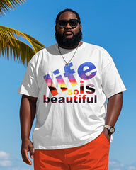 Men's Plus Size Hawaiian Gradient Life So Is Beautiful Letter Print Short Sleeve T-Shirt Shorts Suit