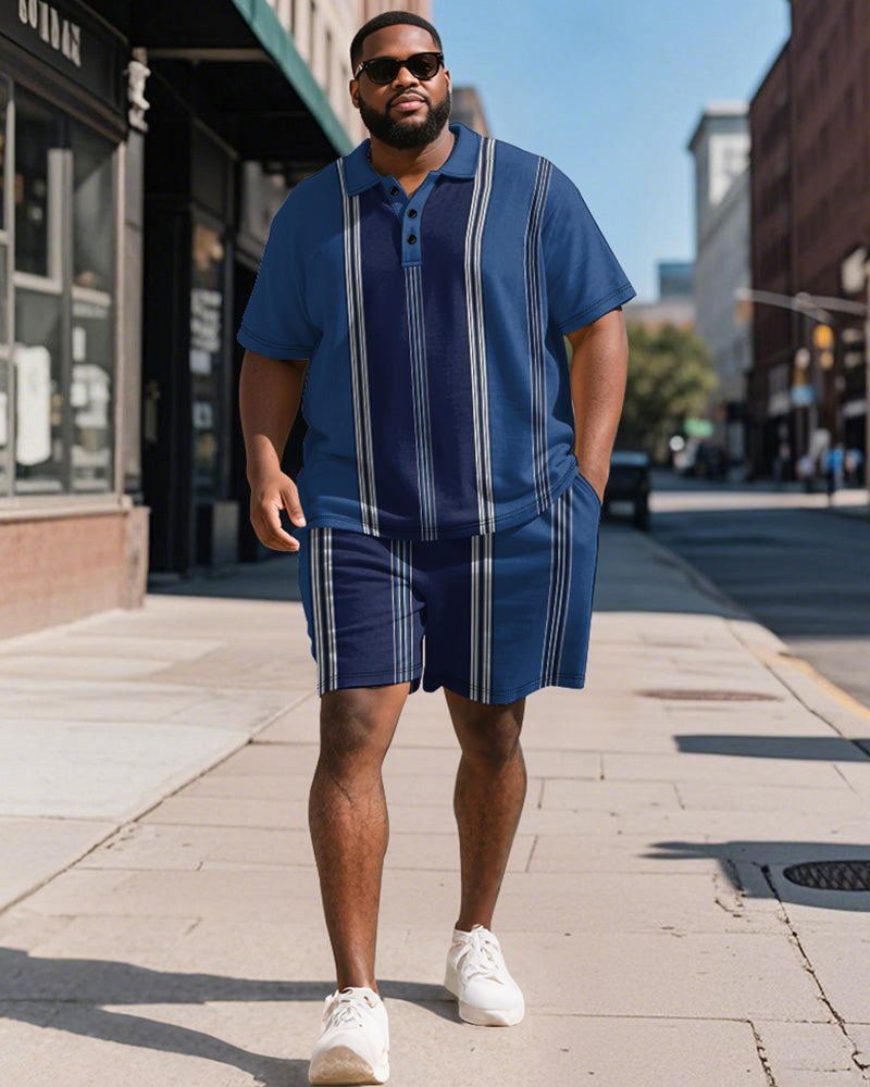 Men's Plus Size Business Blue Stripe Print Short Sleeve Polo Shirt Shorts Suit