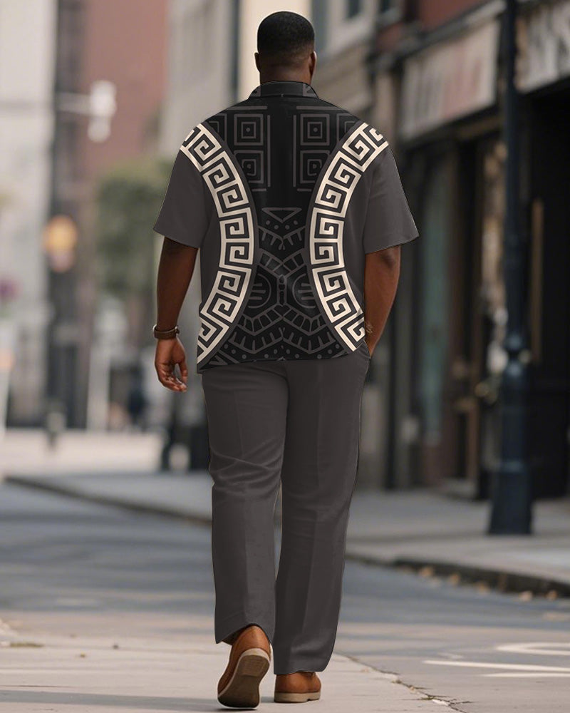Men's Plus Size Brown Geometric Print Short Sleeve Shirt Trousers Suit