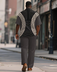 Men's Plus Size Brown Geometric Print Short Sleeve Shirt Trousers Suit