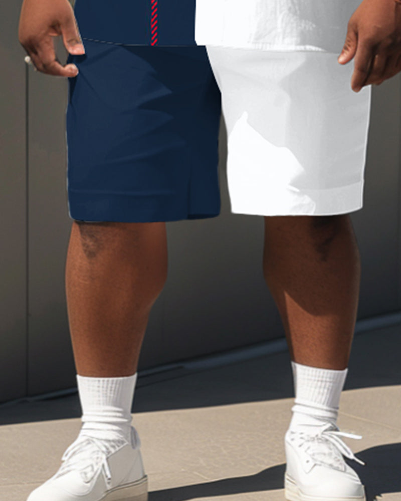 Big Men's Simple Plaid Stitching Print Short Sleeve Shirt Shorts Set