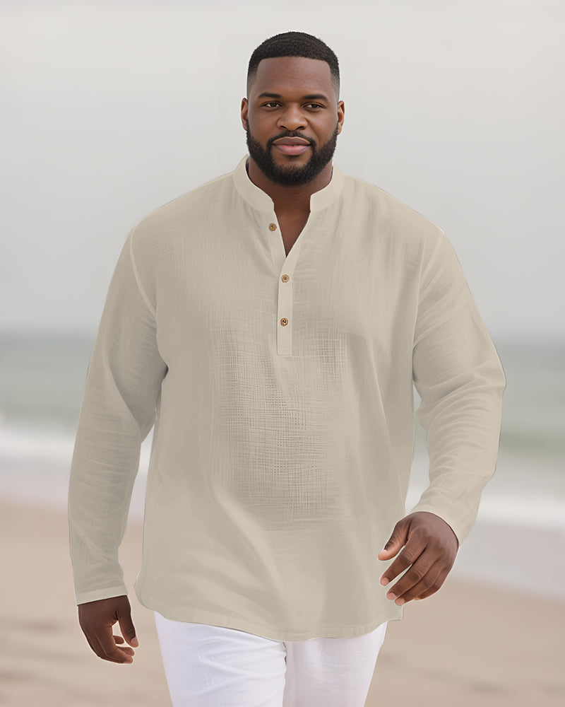 Big & Tall Men's Everyday Solid Color Bamboo Hemp Texture Henry Collar Long Sleeve Shirt