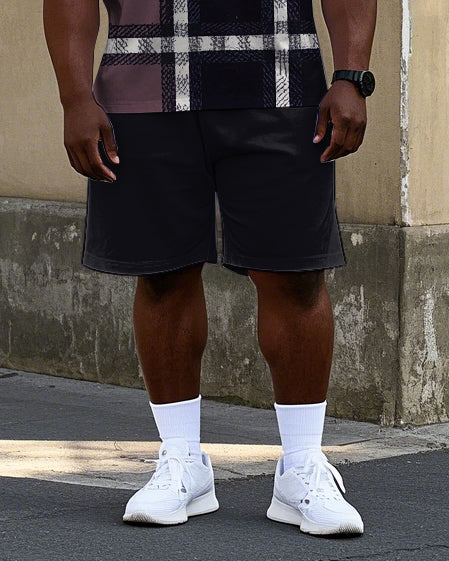 Big Men's Plaid Geometric Pattern Letter Printed Casual Short Sleeve Polo Shirt Shorts Set