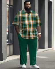 Classic Green Plaid Short Sleeve Shirt Trousers Set Men's Big & Tall