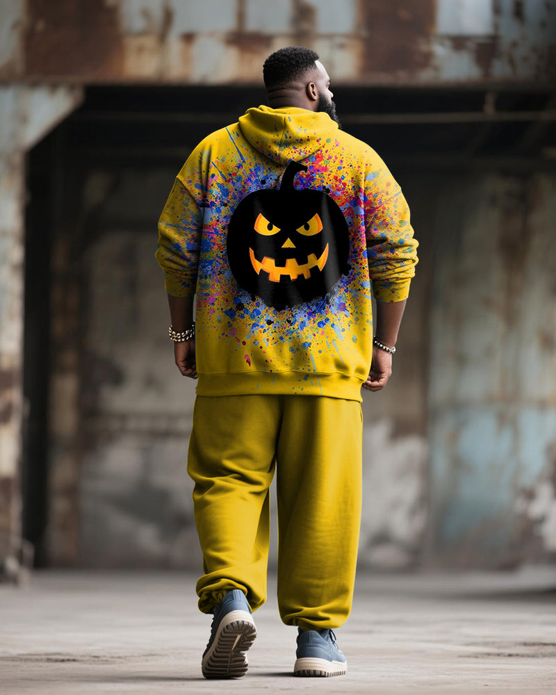 Big & Tall Men's Street Fashion Halloween Pumpkin Graffiti Print Hoodie Suit