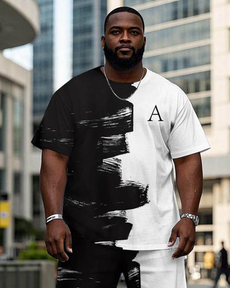 Big Guy’s White & Black Brush Chest Letter Print Short Sleeve T-Shirt Trousers Set