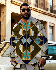 Men's Big & Tall Vintage Geometric Square Printed Outdoor Casual Long Sleeve Shirt Pants Set