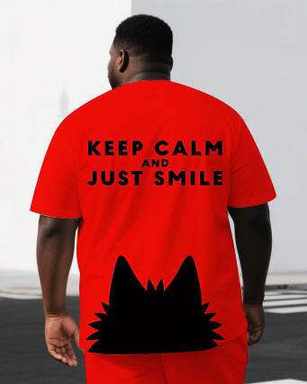 Big & Tall Men's Punk Theme Black Cat Keep Calm Lettering Casual Short-Sleeve T-shirt Shorts Set