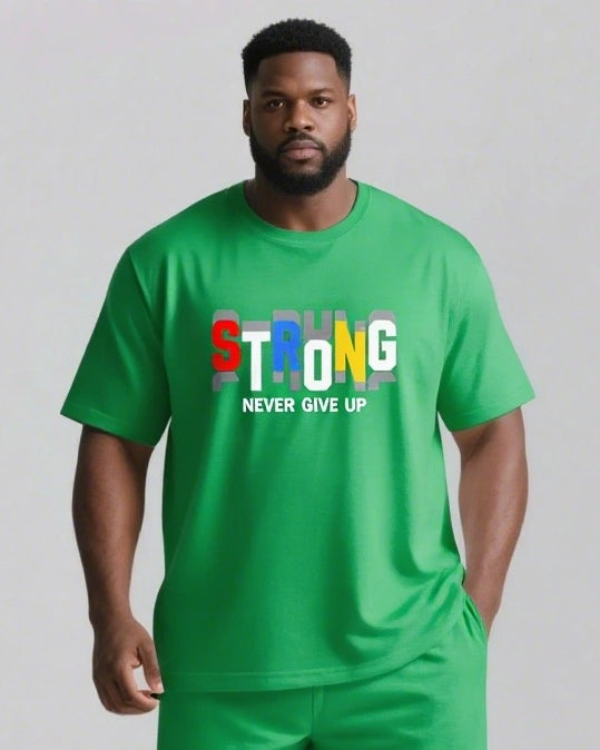 Strong Hearts Never Give Up Men's Big and Tall Colorful Lettering Short Sleeve T-shirt 2-Piece Set