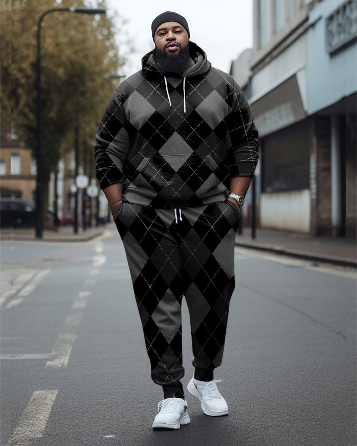 Big Men's Argyle Check Hoodie and Sweatpants Two Piece Set