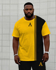Men's Plus Size Comfortable Casual Black & Yellow Small Label Printed Short-sleeved T-shirt Trousers Suit