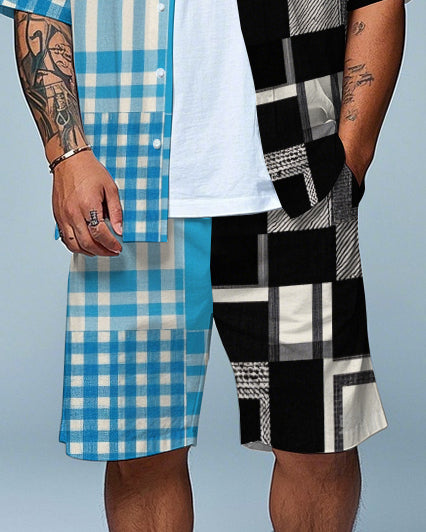 Men's Daily Casual Splicing Plaid Style Big Size Short Sleeve Shirt and Shorts Set