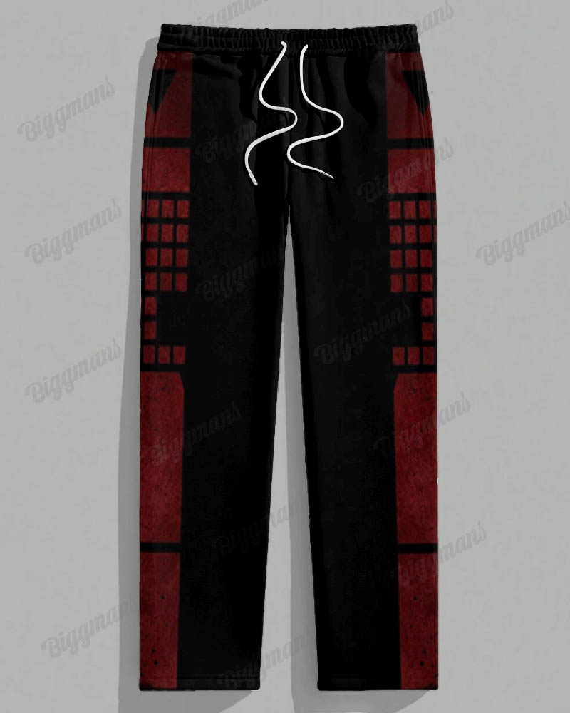 Big Guy’s Black And Red Poker Color Block Printed T-shirt Trousers Set