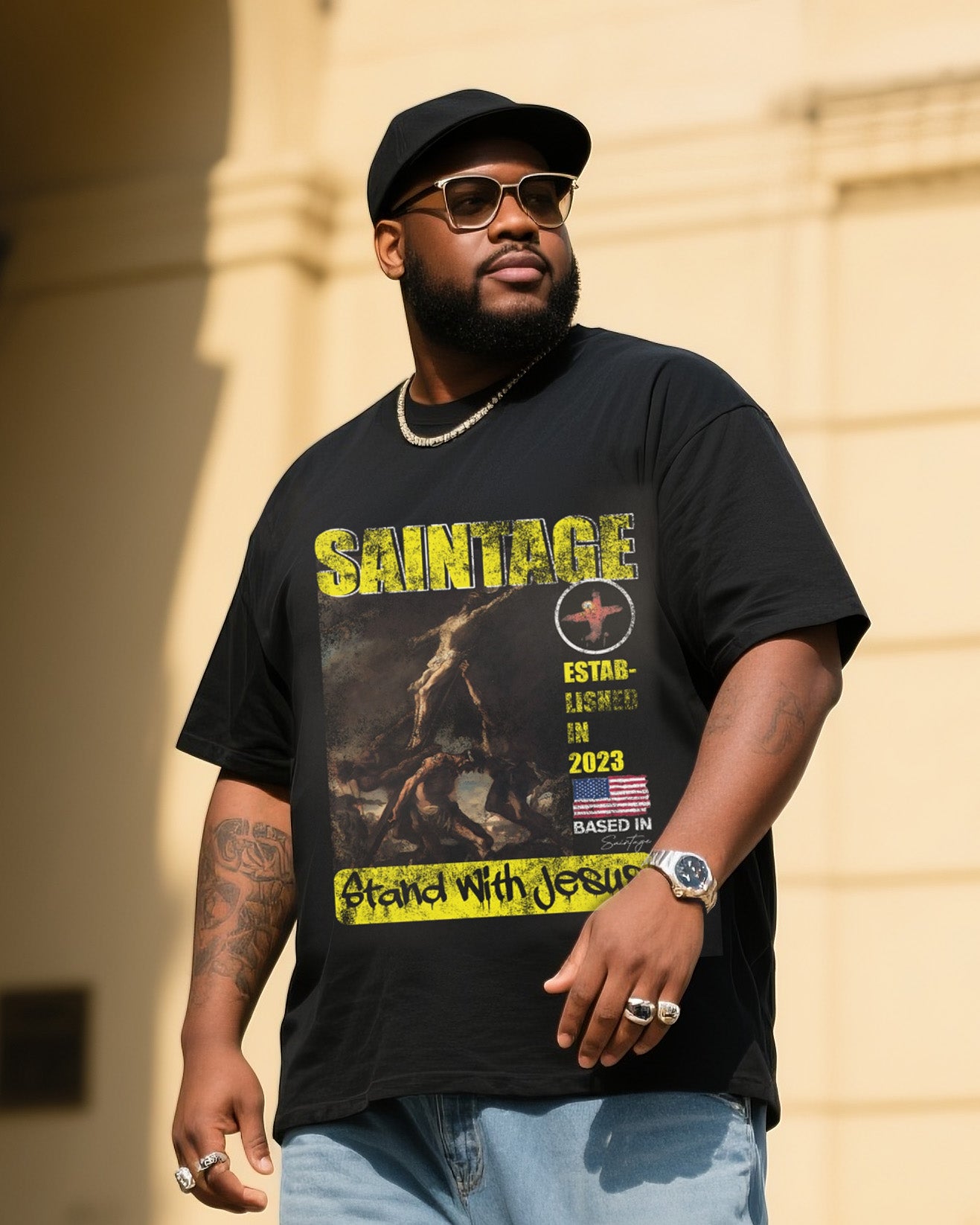 Plus Size Men's Vintage Jesus Print T-shirt Denim Pants Suit