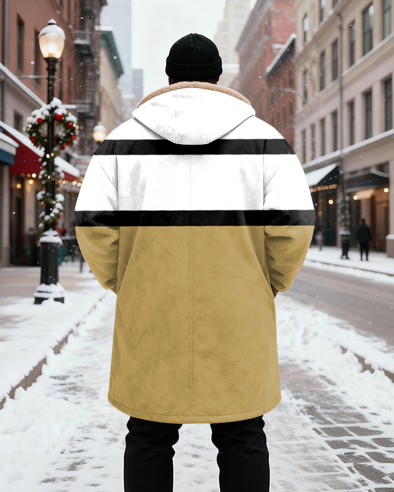 Big & Tall Men's Yellow, White And Black Bump Color With Crown Letter A Printed Velvet Padded Long Hooded Coat