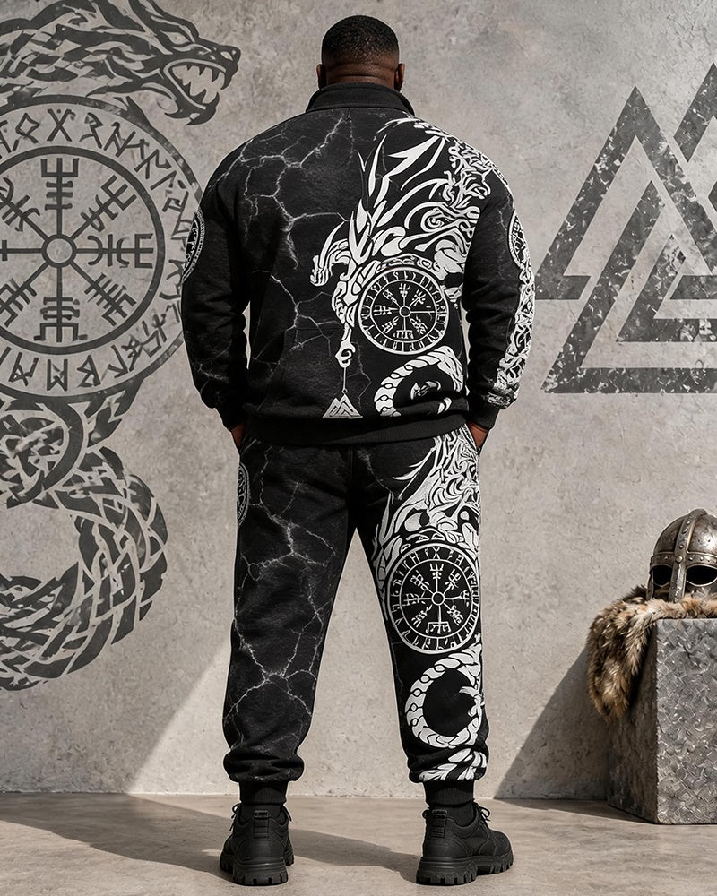 Big & Tall Men's Crack Dragon Compasses Totem Print Half-Zip Sweatshirt Set