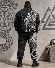 Big & Tall Men's Crack Dragon Compasses Totem Print Half-Zip Sweatshirt Set