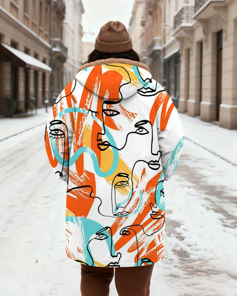 Women's Rice White Color Women's Face Art Printed Velvet Thickened Long Hooded Coat