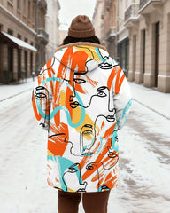 Women's Rice White Color Women's Face Art Printed Velvet Thickened Long Hooded Coat