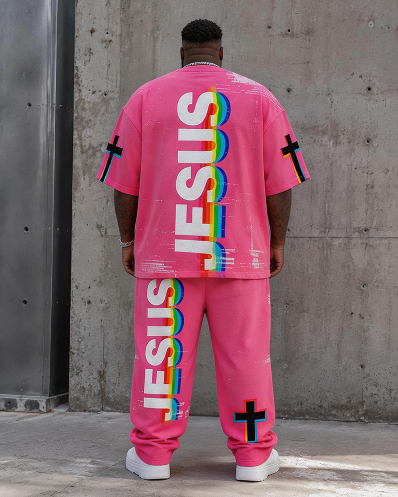 Big & Tall Men's Distressed Rainbow Stereo JESUS Letter Printed T-shirt Trousers Set