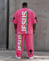 Big & Tall Men's Distressed Rainbow Stereo JESUS Letter Printed T-shirt Trousers Set