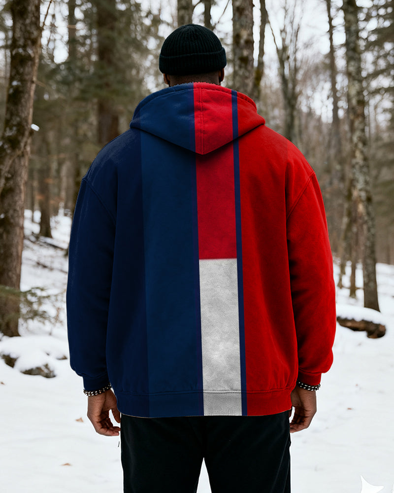 Big & Tall Men's Red, Blue And White Contrast Stitching Printed Velvet Padded Zipper Hoodie