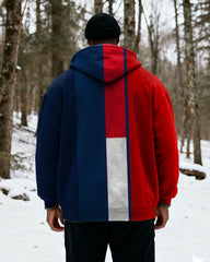 Big & Tall Men's Red, Blue And White Contrast Stitching Printed Velvet Padded Zipper Hoodie